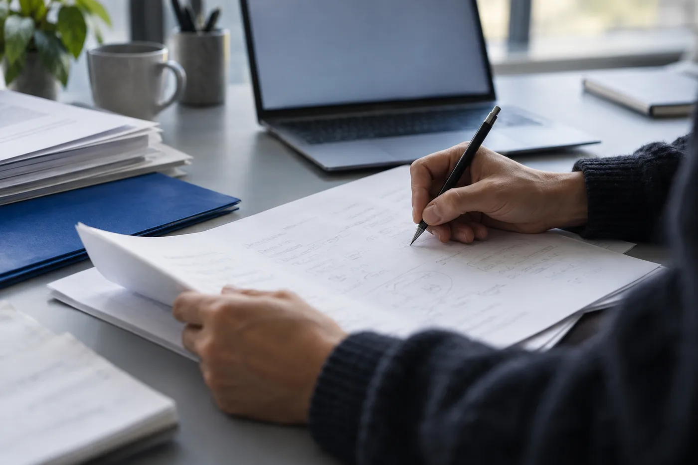 A researcher annotating comparison notes beside a laptop